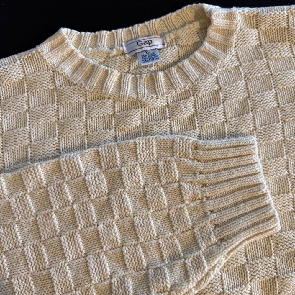 Vintage Gap Sweater XL Cream Basketweave Knit Crewneck Ramie Cotton Fisherman 90